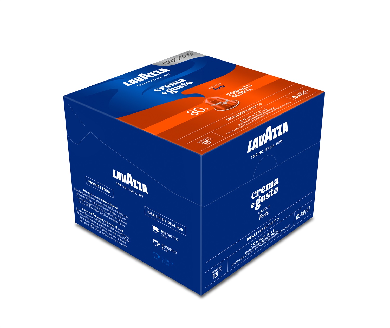 Lavazza Capsule Compatibili Nespresso Crema e Gusto Forte, 80 Capsule in Alluminio, Intensità 13/13, Tostatura Scura