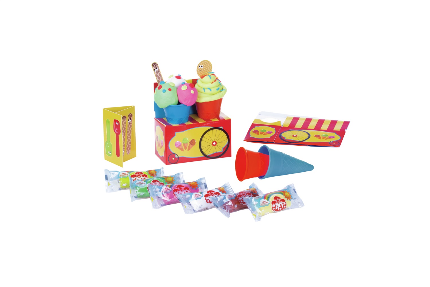 FILA DIDO' GIOCACREA GELATO - Set con 6 salsicciotti, 2 coni gelato, carretto e attrezzini per giocare