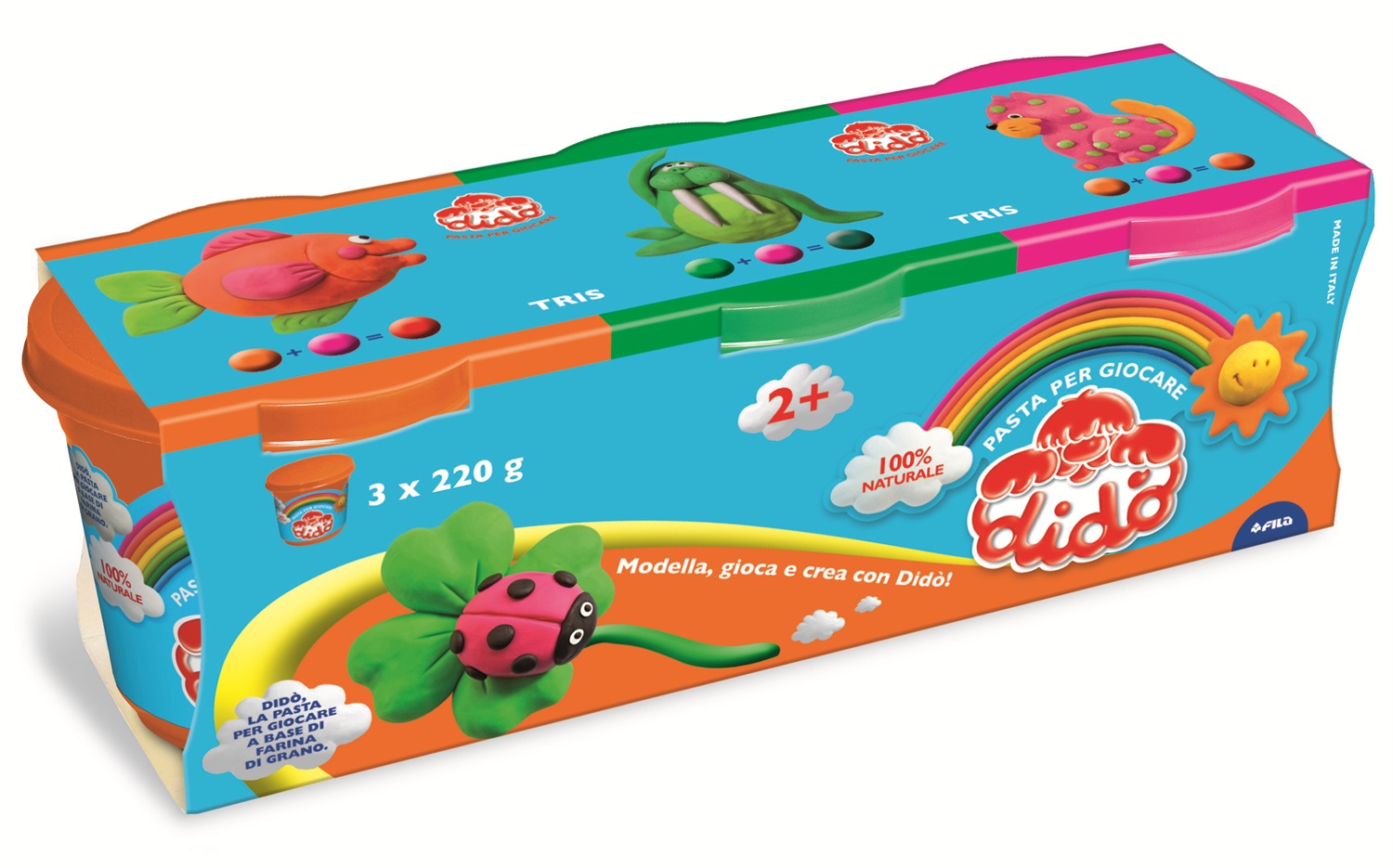 FILA Didò Tris - Pasta Modellabile 3 Barattoli da 220 g in Verde, Arancio e Magenta - Morbida e Sicura