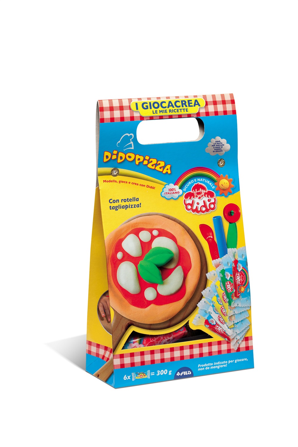 FILA Didò Giocacrea Pizza F399000 - Kit creativo con 6 salsicciotti di pasta modellabile, ruzzola tagliapizza, mattarello e coltellino