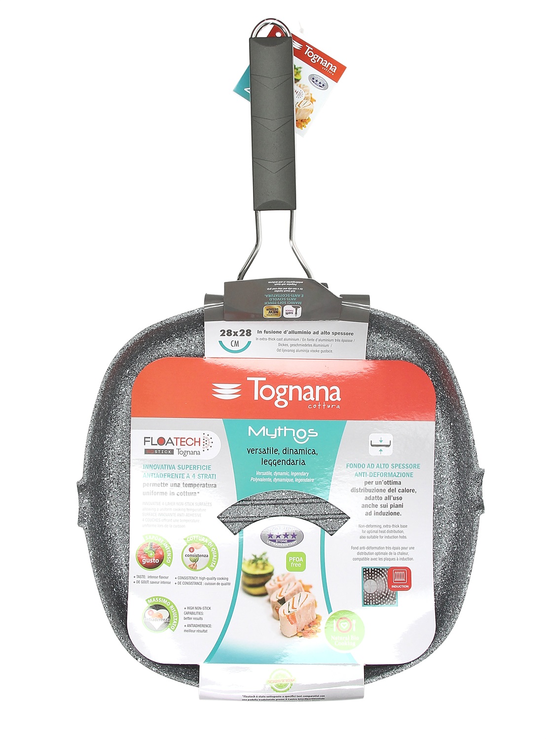 Tognana Porcellane Grill Quadro 28x28cm in Alluminio Grigio con Manico Pieghevole Mythos - Bistecchiera Adatta per Gas, Induzione e Alogeni