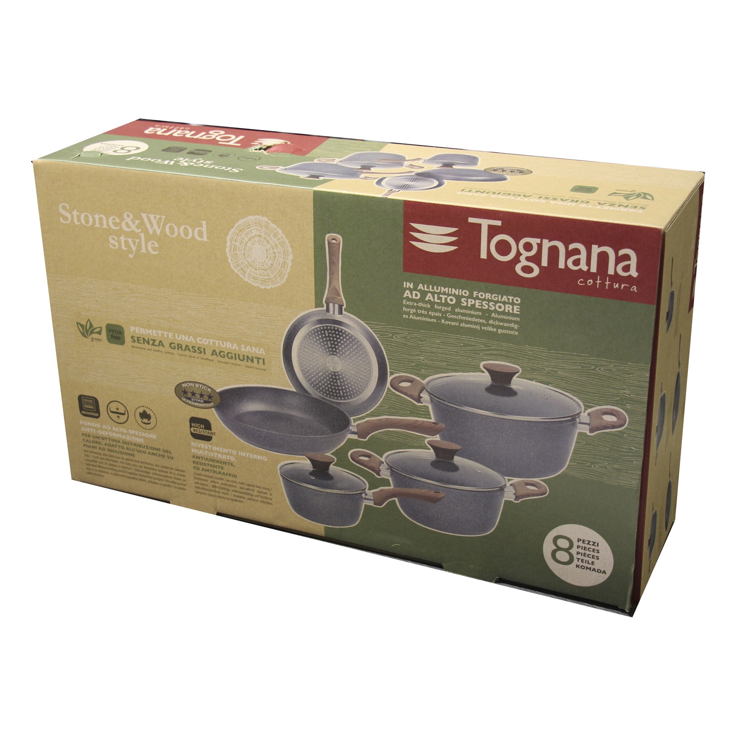 Tognana Batteria Pentole Induzione 8 Pezzi Antiaderenti Stone&Wood - Grigio, Alluminio e Manico in Legno