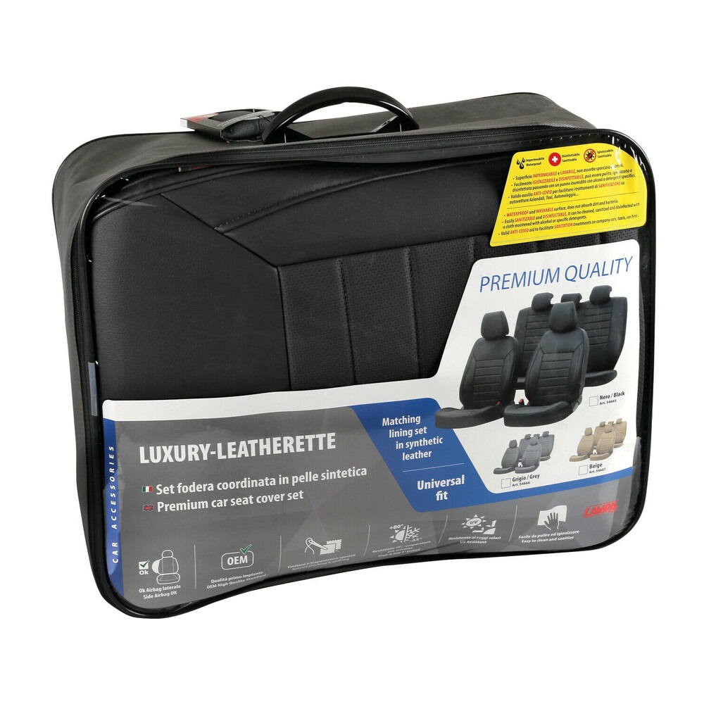 Lampa 54665 Luxury-Leatherette - Set Fodere Coordinate in Pelle Sintetica Nero con Imbottitura e 5 Copri Poggiatesta