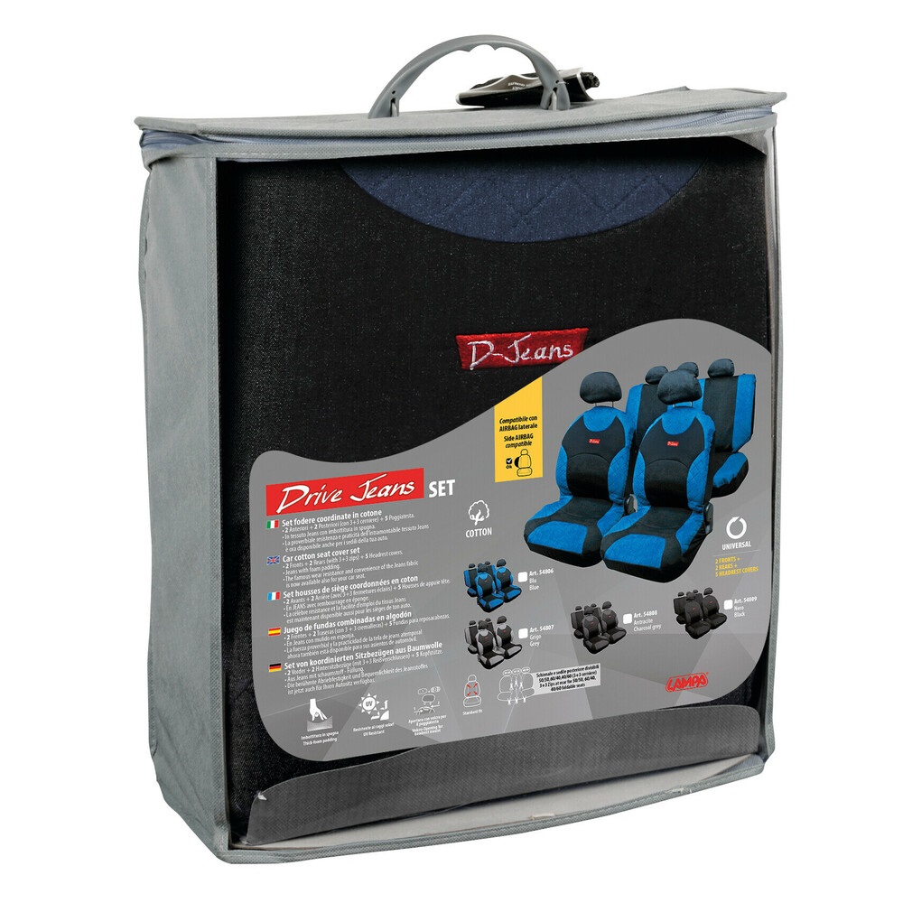 Lampa Drive Jeans Set Coprisedili Universali Blu - 2 Anteriori, 2 Posteriori, 5 Poggiatesta in Tessuto Jeans