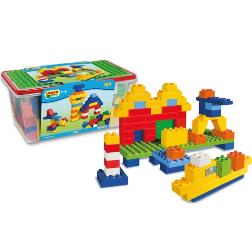 Androni Giocattoli Unico Plus - Cestino Mattoncini Colorati 120 Pz, Compatibili con Altri Mattoncini, Dimensioni 35x19x19 cm, Made in Italy