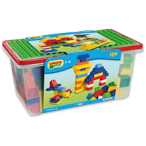 Androni Giocattoli Unico Plus - Cestino Mattoncini Colorati 120 Pz, Compatibili con Altri Mattoncini, Dimensioni 35x19x19 cm, Made in Italy