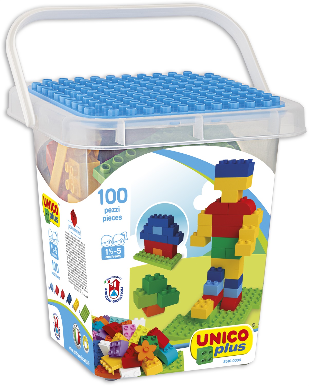 Androni Giocattoli Secchio Costruzioni Mattoncini Colorati Unico Plus 100 Pezzi - Compatibili con Noti Mattoncini da Costruire