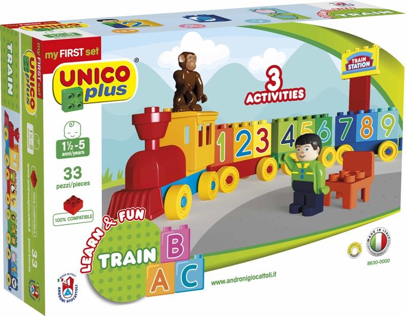 Androni Giocattoli Trenino ABC Pre School - Treno Didattico Costruibile con Mattoncini Compatibili Lego Duplo, Include 33 Mattoncini e Fogli Adesivi Educativi