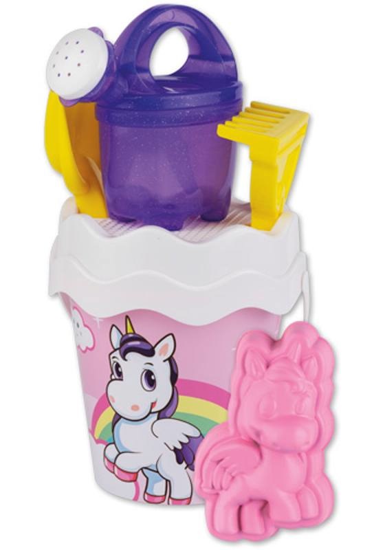Androni Giocattoli Set da Spiaggia Unicorno - Secchiello Ø 17 cm, Setaccio, Paletta, Rastrello, 2 Formine e Annaffiatoio da 0,5 lt