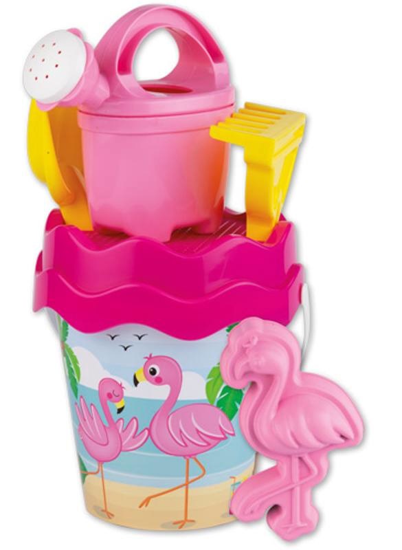 Androni Giocattoli Set Spiaggia Fenicottero - Secchiello, Setaccio, Annaffiatoio, Paletta, Rastrello e Formina in Plastica Atossica