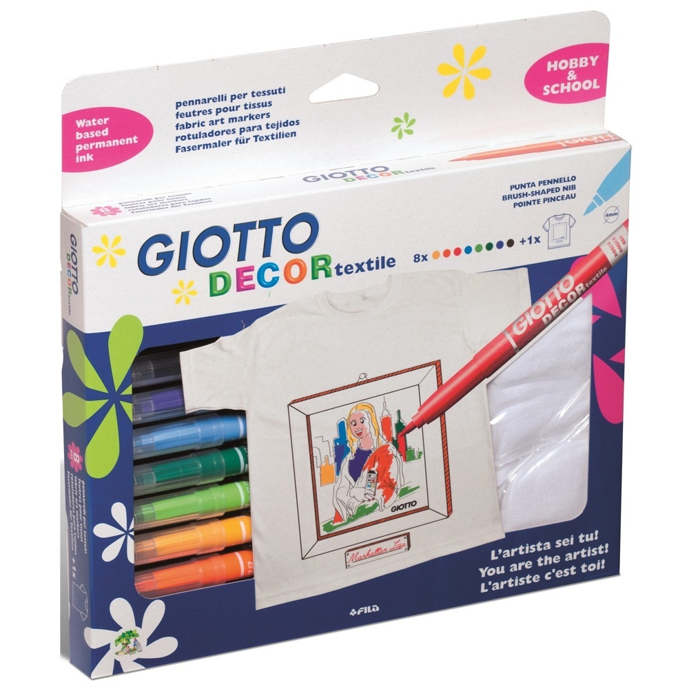 Giotto Pennarelli per Tessuti Decor Textile - Astuccio da 8 Colori Assortiti T-Shirt Bianca, Tratto Fine 1-3 mm, Resistenti a Lavaggi