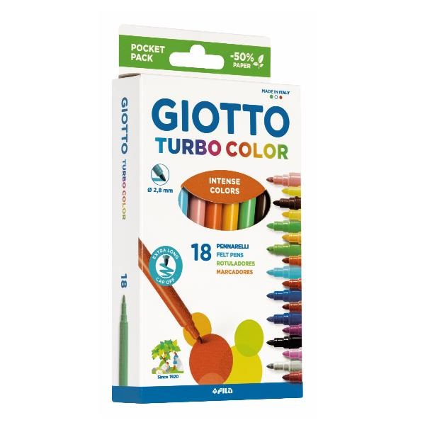 Giotto Turbo Color - Pennarelli Punta Fine 2,8 mm, Confezione da 18 Colori Assortiti, Inchiostro Innocuo e Lavabile