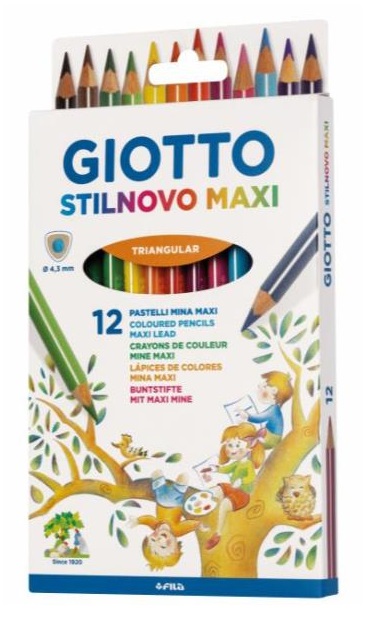 Giotto Stilnovo Maxi Matite Colorate 12 Pezzi, Mina 4,3 mm, Triangolari, Legno Cedro Incenso, Perfette per Scuola dell'Infanzia