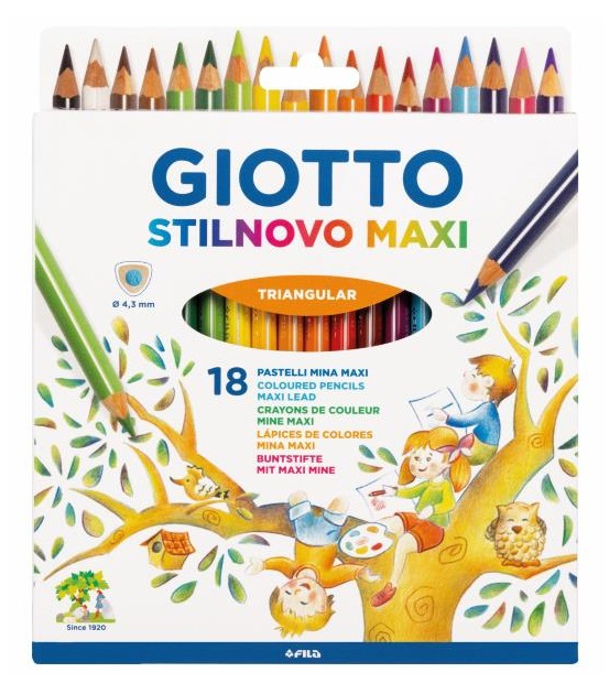 Giotto Stilnovo Maxi - Matite Colorate Triangolari 18 Pezzi con Mina 4,3 mm in Legno di Cedro Incenso