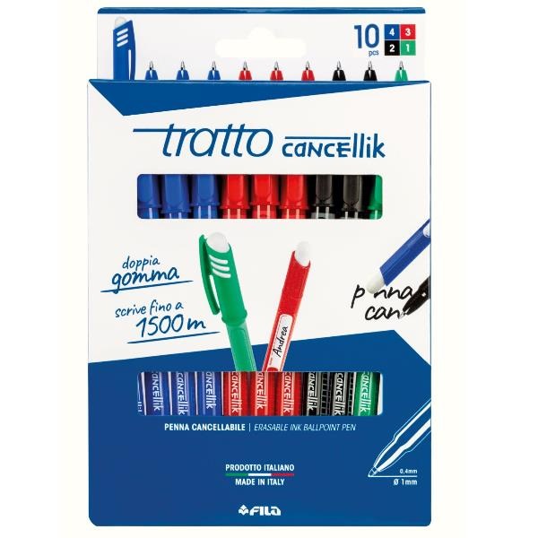 TRATTO Cancellik Penna a Sfera Cancellabile 1,0 mm - 10 Pezzi Assortiti (Blu, Rosso, Verde, Nero)