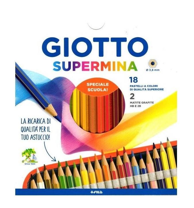Giotto Supermina Pastelli Colorati - Astuccio 18 Colori 2 Matite Grafite HB e 2B, Mina 3,8 mm, Lunghezza 18 cm