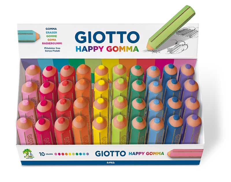 Giotto Happy Gomma - Gomma per cancellare a forma di matita, 40 pz, colori assortiti: Blu, Corallo, Fucsia, Verde, Lillà, Lime, Arancione, Rosa, Turchese, Giallo