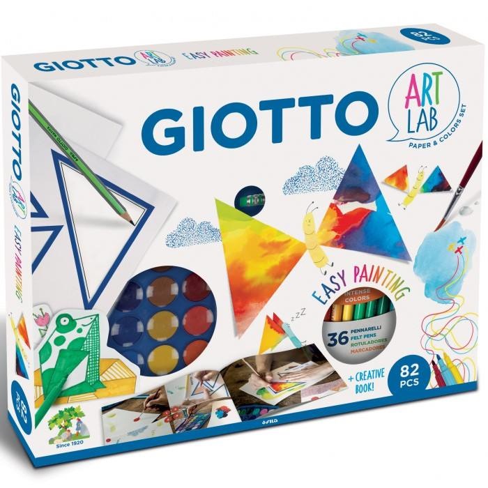 GIOTTO Art Lab Easy Painting - Kit Creativo per Pittura con Album A4, 24 Acquerelli Mini, 36 Pennarelli Turbo Color, Matita HB e Maschera Grafica Triangoli