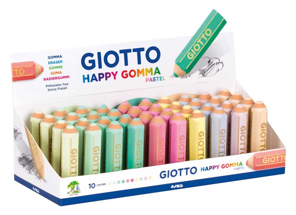 Giotto Happy Gomma - Gomma per cancellare a forma di matita, colori assortiti pastello, confezione da 40 pz