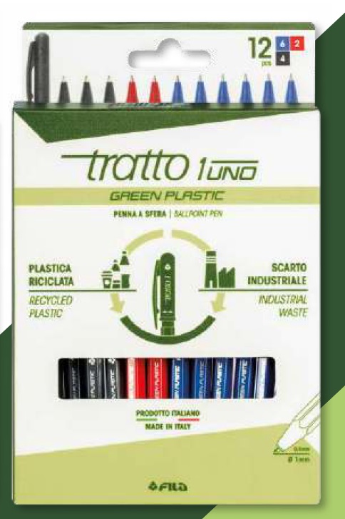 Tratto Penna a sfera Tratto 1 Green Plastic - Astuccio 12 pz in plastica riciclata, colori assortiti blu, rosso e nero