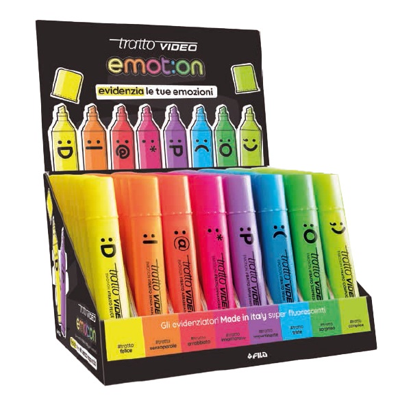 F.I.L.A. Tratto Video Emotion - Evidenziatori Fluorescenti 8 Pezzi in Colori Assortiti, Asciugatura Rapida, Ideali per Uso Scolastico e Professionale