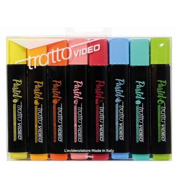 Tratto Video Pastel - Evidenziatore Made in Italy con Inchiostro a Base Acqua, Punta Scalpello, 1,5 mm, 8 Colori Pastello Assortiti in Astuccio Eco-Friendly