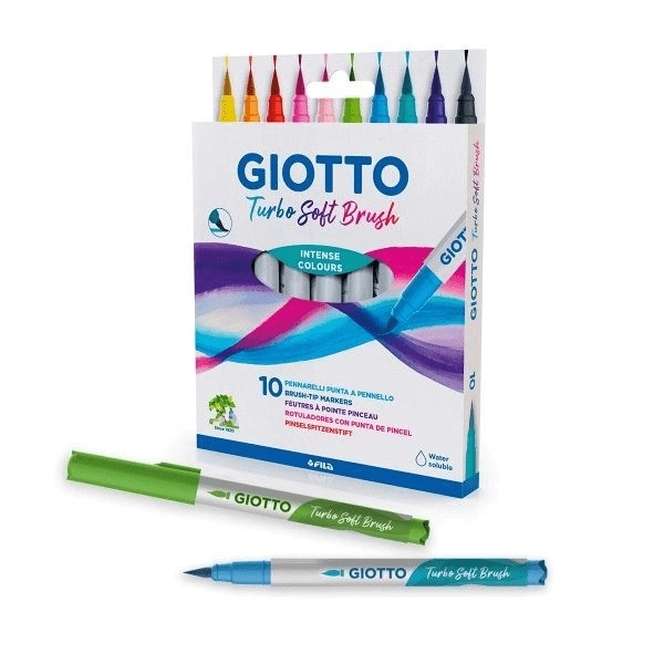 Giotto Turbo Soft Brush - Pennarelli con Punta Morbida e Flessibile, 10 Colori Assortiti, Inchiostro a Base d'Acqua