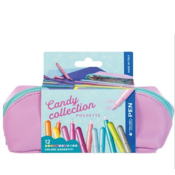 Tratto Pen Candy Collection Pochette - 12 Penne-Pennarello Colorati in Tessuto Plastificato con Punta Sintetica