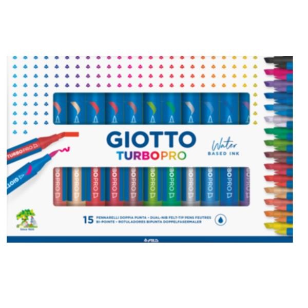 Giotto Turbo Pro Pennarelli Doppia Punta Acquerellabili - Confezione da 15 Colori Assortiti