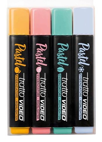 Tratto Video Pastel F835801 - Set di 4 evidenziatori pastello con punta a scalpello in astuccio appendibile