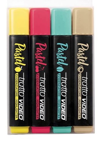 Tratto Video Pastel - Set di 4 evidenziatori a base acqua con punta a scalpello, colori pastello: limone, ciliegia, menta, cocco