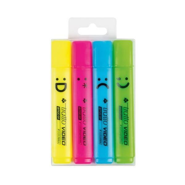 Tratto F838701 Evidenziatori Video Emotion - 4 pz in astuccio appendibile, colori fluo assortiti (giallo, fucsia, azzurro, verde)