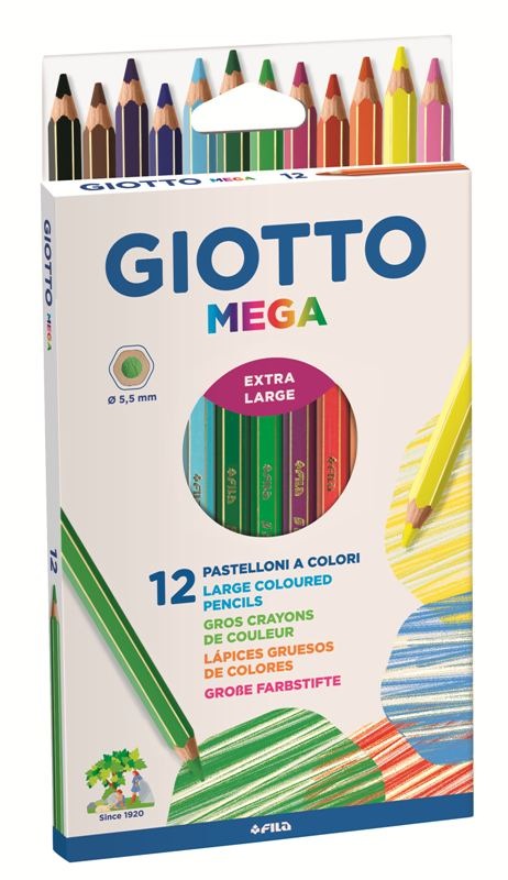 Giotto Pastelli Colorati Mega - Astuccio 12 Pezzi - Mina Esagonale Ø 5,5 mm - Lunghezza 18 cm