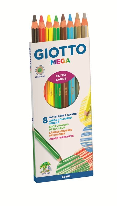 Giotto Mega Pastelli Colorati - Astuccio da 8 Pezzi con Mina Gigante Diametro 5,5 mm, Lunghezza 18 cm, Colori Assortiti