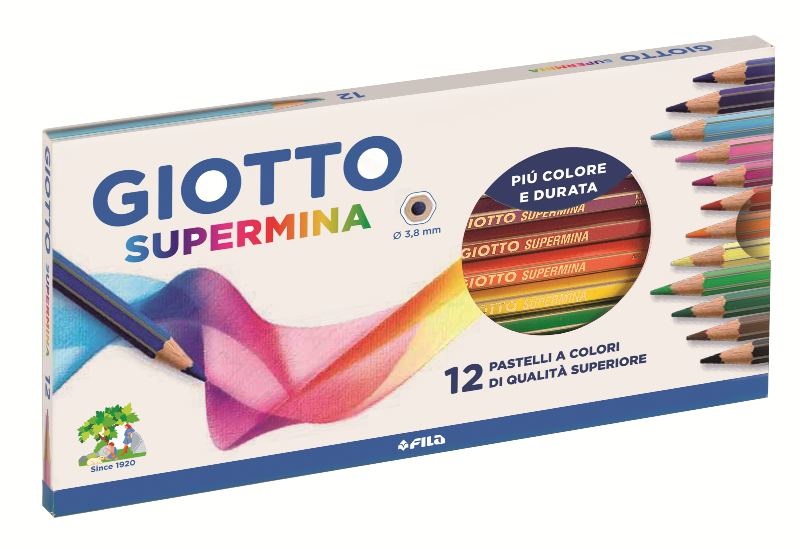 GIOTTO Pastelli Colorati Supermina - Astuccio da 12 Pezzi con Mina da 3,8 mm e Corpo Esagonale