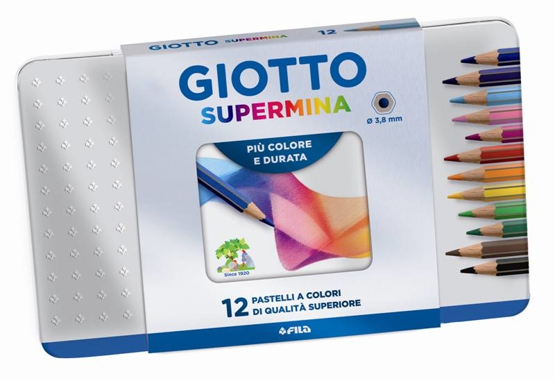 Giotto Pastelli Supermina - Scatola Metallo 12 Colori Assortiti - Mina 3,8 mm - Lunghezza 18 cm