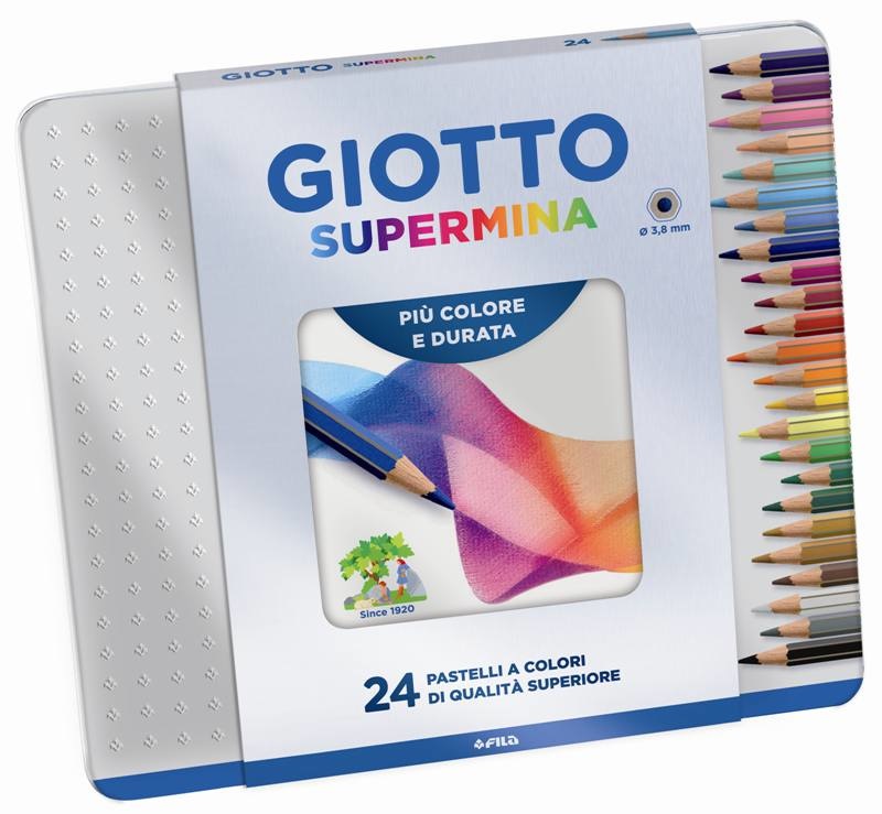 Giotto Pastelli Supermina - Scatola in Metallo da 24 Colori Assortiti, Mina 3,8 mm, Esagonali