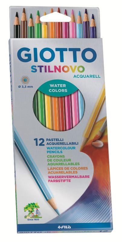 Giotto Pastelli Acquerellabili Stilnovo - Astuccio da 12 Colori Assortiti, Mina 3,3 mm, Lunghezza 18 cm
