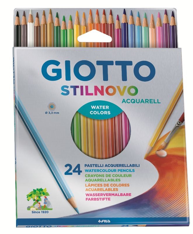 Giotto Stilnovo Acquarell - Astuccio 24 Pastelli Acquerellabili, Mina 3,3 mm, Lunghezza 18 cm, Colori Assortiti