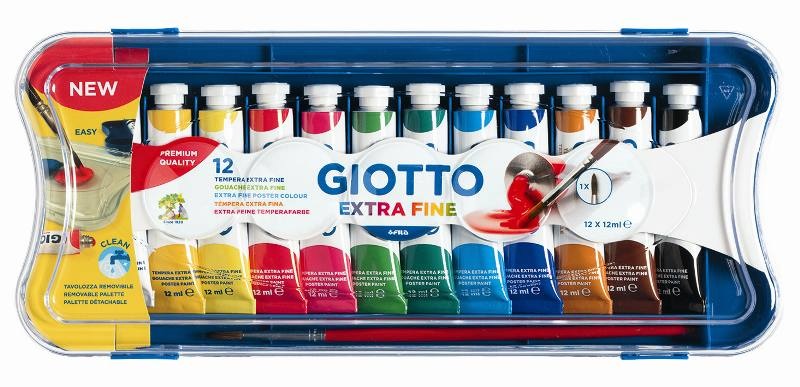 Giotto Tempera Extra Fine 12 ml - Confezione da 12 tubetti assortiti 1 pennello