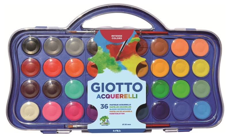 GIOTTO Acquerelli 36 Pastiglie Ø 30 mm con 2 Pennelli - Colori Luminosi e Coprenti