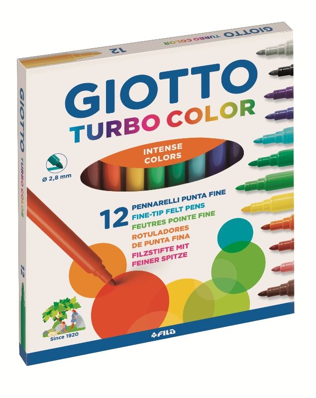 Giotto Pennarelli Turbo Color - Astuccio da 12 Colori - Punta Fine 2,8 mm - Inchiostri Innocui e Lavabili