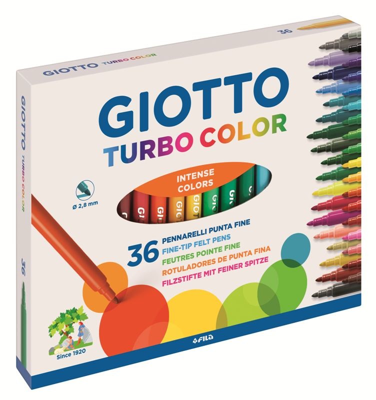 Giotto Turbo Color - Pennarelli Assortiti 36 Colori con Punta Fine 2,8 mm, Inchiostro Innocuo e Lavabile