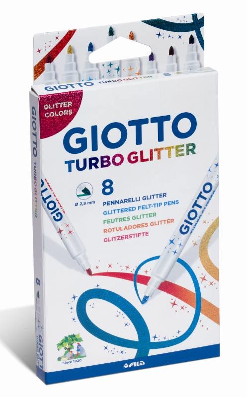 GIOTTO Pennarelli Turbo Glitter - Astuccio da 8 colori assortiti - Punta 2,8 mm - Inchiostro glitter a base d'acqua - Lavabili