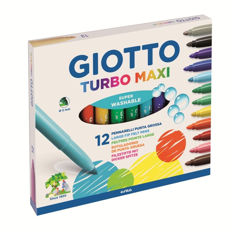 FILA Giotto Turbo Maxi 12 Pennarelli Colorati - Punta Grossa Ø 5 mm, Super Lavabili e Innocui