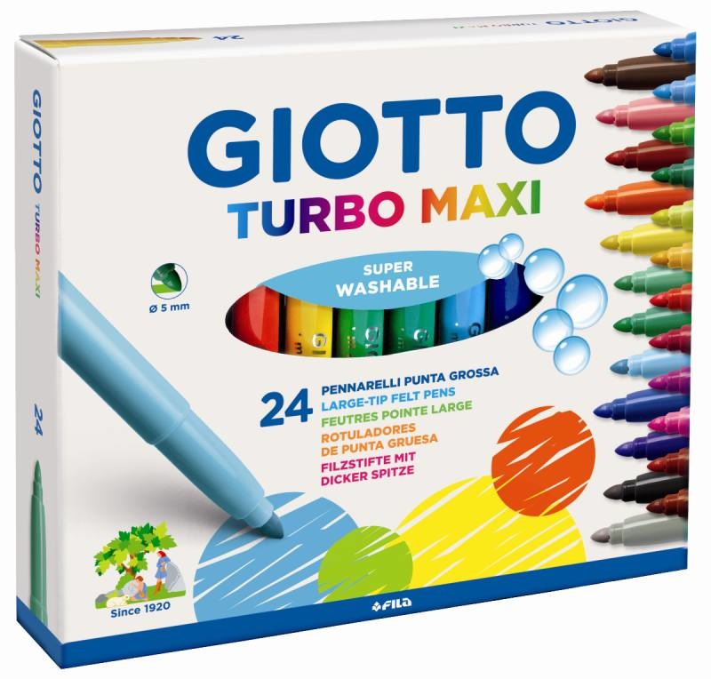 Giotto Turbo Maxi - Astuccio da 24 Pennarelli Colorati con Punta Grossa 5 mm, Super Lavabili