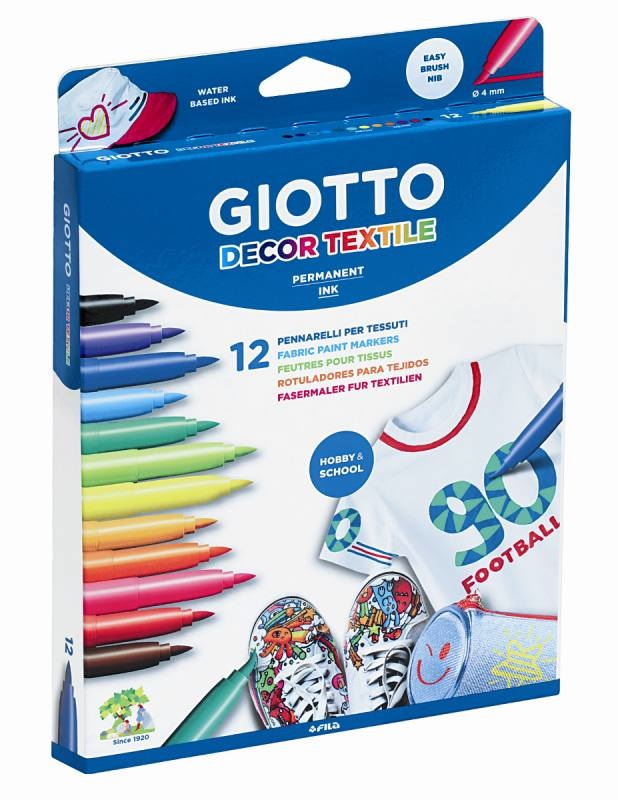 Giotto Pennarelli Decor Textile per Tessuti - Astuccio da 12 Colori Assortiti, Tratto Fine 1-3 mm, Resistente a Lavaggi a 40°, A Base Acqua e Atossici