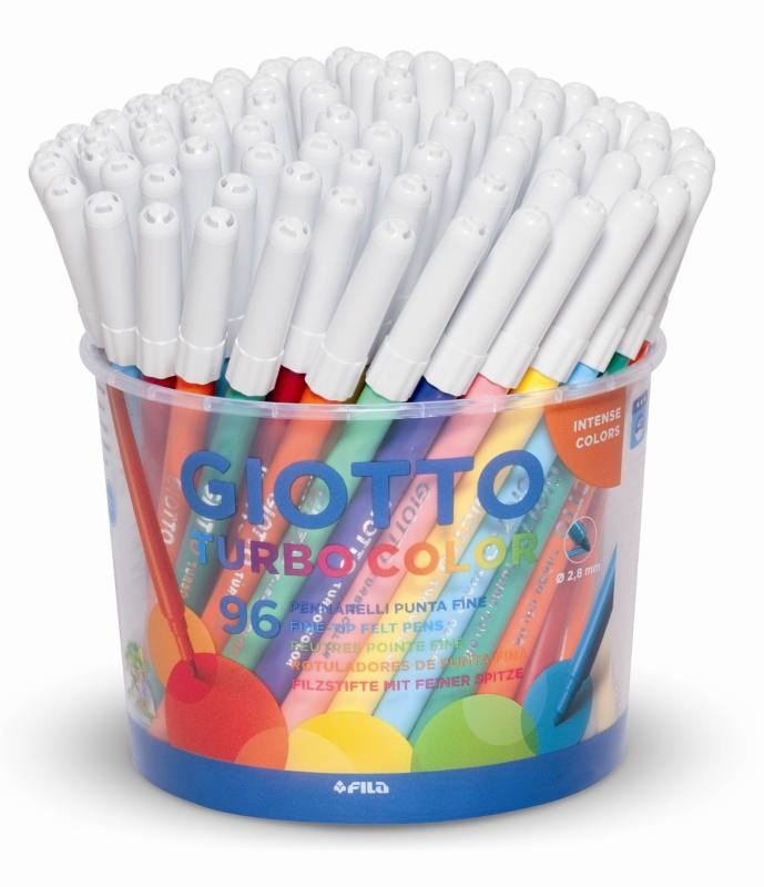 Giotto Pennarelli Turbo Color - Barattolo da 96 pezzi con Punta Fine 2,8 mm, Inchiostro Innocuo e Lavabile, Cappuccio Ventilato