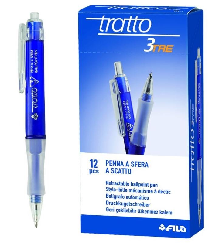 Fila Penna a Sfera a Scatto Tratto 3 Blu - Punta 0,5 mm - Fusto Triangolare con Impugnatura Antiscivolo - Confezione da 12 Pezzi