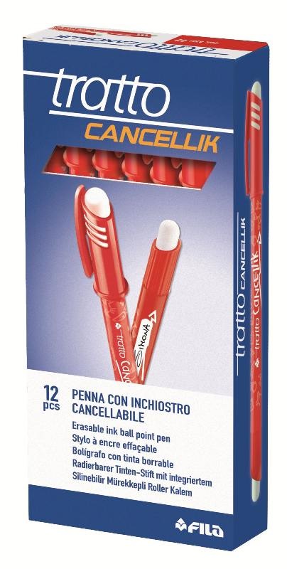 TRATTO Penna a Sfera Cancellabile Cancellik Rosso - Punta 1,0 mm - Confezione da 12 Pezzi - Doppia Gomma e Cappuccio Anti Soffocamento